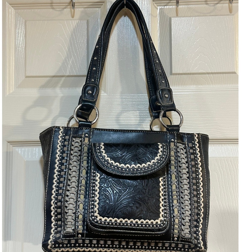 Western Tooled Black Leather Studded Shoulder Bag Floral Embossed Tote